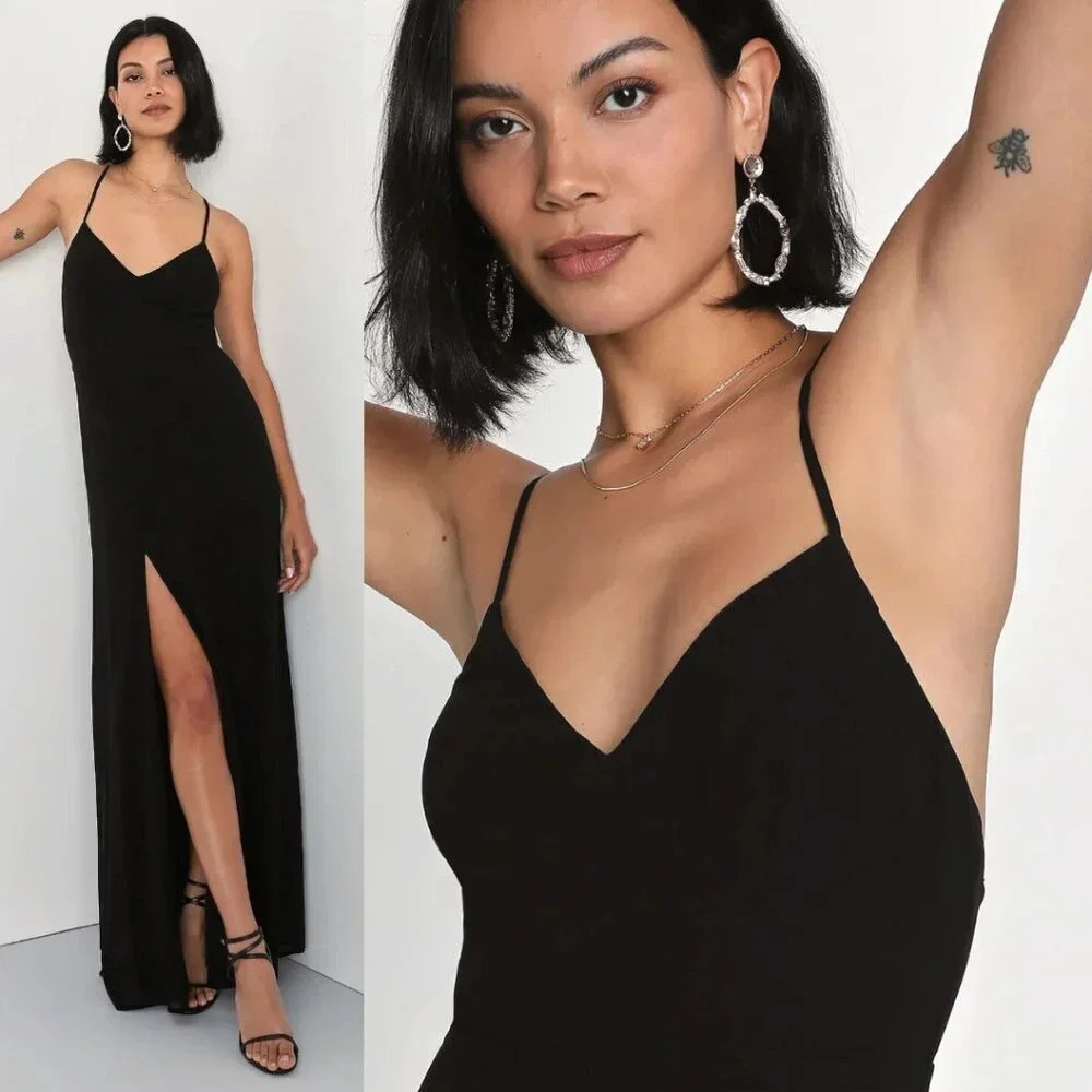 Lulu's Black Spaghetti Strap Maxi Dress with Thigh Slit